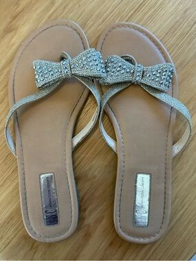 INC International Concepts Rhinestone Bow Flip Flop Sandals - Silver & Tan